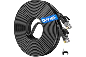 Kabel Ethernet 10m, Kabel internetowy 10 metry Cat 6 Płaski o wysokiej prędkości 1 Gb/s, Kabel Sieciowy Gigabit RJ45 Czarny Kabel krosowy - kompatybilny z Cat5/5e do routera, przełącznika