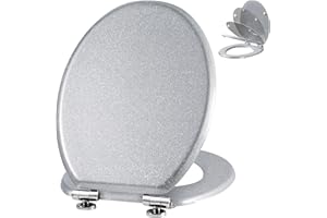 Angel Shield Glitter Toilet Seat Molded Wood Toilet Seat, Quiet Close with Quick Release Adjustable Hinges 45x37cm Oval, Fits EU Bottom-Mount Toilets (Silver Glitter)