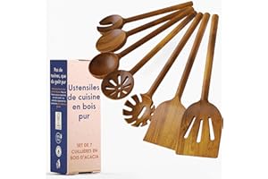 Ustensiles de Cuisine en Bois Non Toxiques – Lot de 7 Cuillères et Spatules en Acacia, Sans Colle, Une Seule Pièce, Finition Végétale, Sans Produits Chimiques Éternels - Ziruma