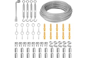 LIPJISL Kit de cable de acero de 3mm 30m de cable de acero inoxidable con tensor y ganchos para colgar cortinas de luz de jardín