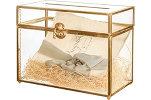 NCYP Small Glass Wedding Card Box with Slot, 25x14.2x19.6 CM Tabletop Clear Cards Holder for Reception, Party, Vintage Decor, Gold - Slot Length 18 cm (Glass Box Only) (No Lock)