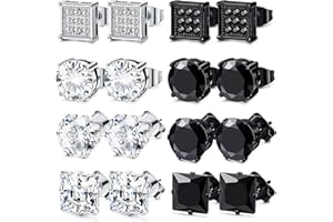 KALVICA 8 Pairs Stainless Steel Stud Earrings - Silver & Black Cubic Zirconia Square Earrings - Hypoallergenic for Men, Women & Girls