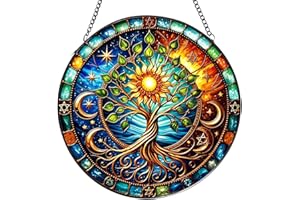 KOMERGAVE Lebensbaum Sonnenfänger Fenster, Buntglaseffekt Sonnenfänger Hängend für Fenster Wandkunst, Suncatcher mit Eisenkette Acryl Fensterdeko Hängend für Terrasse, Wand, Garten