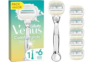 Venus Gillette Comfortglide 5 Sensitive Maquinilla de Depilación Para Mujer, 1 Mango de Metal y 6 Cuchillas de Recambio, Depilación Suave, Bandas Lubricantes con Aloe
