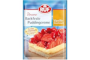 ‎RUF RUF Backfeste Puddingcreme mit Vanille-Geschmack, Puddingpulver als Grundlage für Erdbeerkuchen & Obst-Törtchen, schnell zubereitet, glutenfrei, 42g