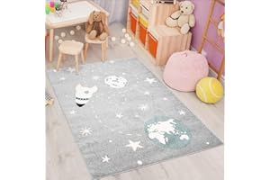 carpet city Alfombra Infantil Bubble Kids de Pelo Plano, diseño de Cohete y Estrellas en Gris y Azul, para habitación de los niños: tamaño 80 x 150 cm, 80 x 150 cm