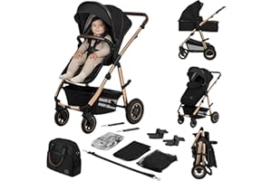 LIONELO Amber Passeggino 2in1 Duo Passeggino da 0 fino a 48 mesi con Seduta secchiello + Navicella per neonato e bambini a 22 kg Regolabile, pieghevole e leggero Ruote grandi Cappotina XXL (Nero, Big)