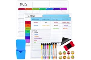 N NUEVAS IDEAS Lot de 3 Calendrier Magnetique Frigo - Planning Frigo Magnetique - Tableau Magnetique Frigo - Comprend 3 Tableau Planificateur, 8 marqueurs, 8 aimants, 1 gomme, 1 porte-stylo