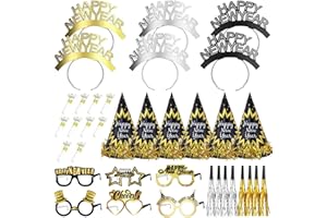LECONCES 36pcs New Year's Eve Party Supplies 2026, Happy New Year Headband, New Year Party Hats, Paper Happy New Year Eyeglasses and Party Blowers for Kids Adults, 2026 New Years Eve Party Decorations