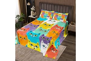 Homemissing Karikatur Haustier Katzen Muster Bettüberwurf Bunt Niedlich Kitten Drucken Tagesdecke 240x260cm für Kinder Jungen Mädchen Dekor 3D Tiermotiv Steppdecke für Katzenliebhaber Wohndecke 3St