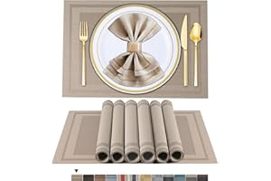 ARTAND Placemats Set of 6, Beige Woven Vinyl Placemats, Washable & Durable Table Mats, Indoor/Outdoor Use Place Mats