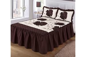 QM-Bedding® Designer Luxuries Luxury Floral and Stripes Design Quilted Bed Spreads With 23" Deep Frill NZ (Rosaleen Chocolate, Double)