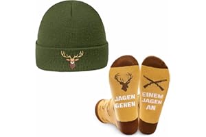 ZJKUBOIS Jäger Geschenke,Jagd geschenke Strickmütze Socken Set, Jagdzubehör Einheitsgröße Mütze mit Hochwertige Hirschkopf Stickereien, Jagdsocken, Winter Jagdbekleidung, Jagd Ausrüstung
