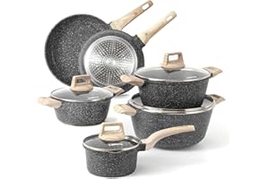 Carote Nonstick Granite Cookware Sets 10Pcs Stone Cookware Set, Non Stick Frying pan Set, pots and Pans Set Suitable for All Stoves (Granite, Induction Kitchen Cookware)