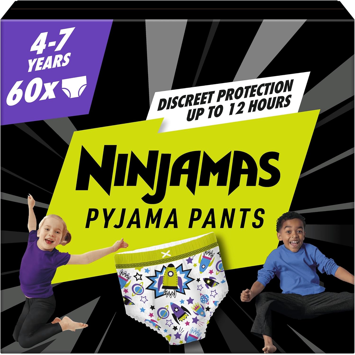 Pampers Ninjamas Pyjama Pants Unisex Spaceships, 4-7 Years, 60 Pyjama Pants, 17kg - 30kg, All-Night Leak Protection