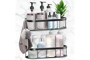 vinlley Duschablage, Selbstklebender Dusch-Organizer ohne Bohren, SUS304 Edelstahl-Duschablage für Dusche und Badezimmeraufbewahrung, 2 Stück mit 6 Haken und 4 Transparenten Wandaufklebern, Schwarz