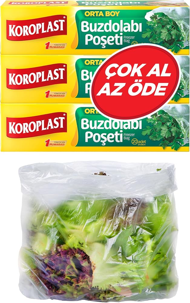 Koroplast 3'lü Çok Al Az Öde Ekonomik Paket Orta Boy 60'lı Buzdolabı Poşeti, Sızdırmaz & BPA İçermez Gıda Saklama Torbası, Et, Tavuk, Balık, Sebze, Meyve, Çorba, Sos, Peynir, Kuruyemiş, Sandviç