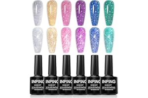 ‎INPING INPING UV Nagellack Glitzer, 6 Stück Reflechissant Glitzer Gel Nagellack Set, Silber Gold Grün Rose Lila Blau Farben Schimmer Leuchtenden Diamant Gelnägel für Disco DJ Nageldesigns Nail Art Salon