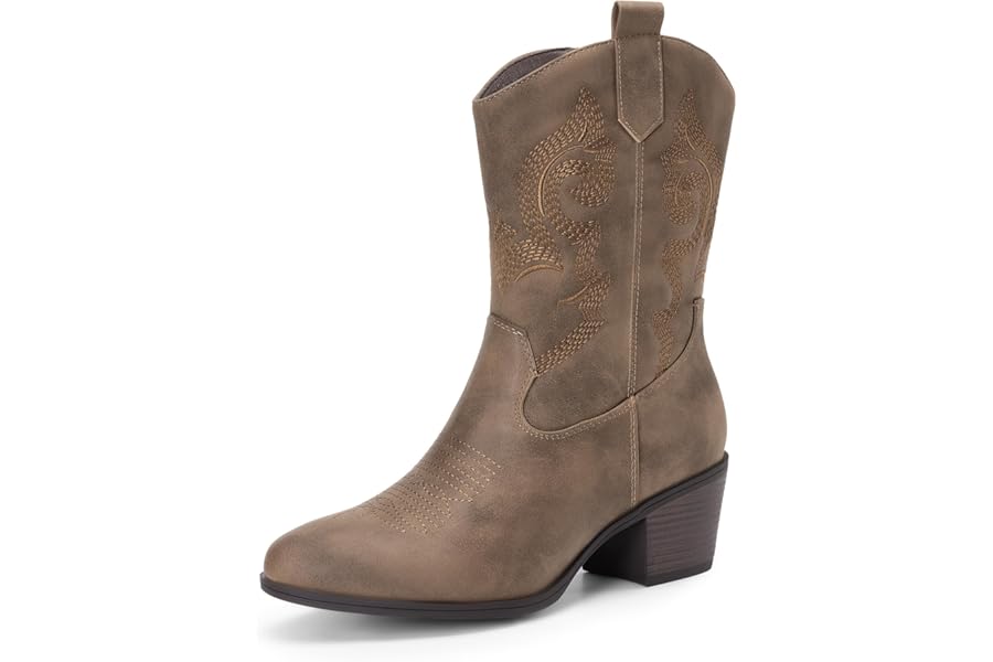 DREAM PAIRS Cowboy Boots for Women, Mid Calf Cowgirl Boots with Embroidery Round Toe Western Chunky Low Heel Shoes