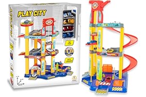 Teorema Giocattoli, Garage Macchine per Bambini, Grande Parcheggio Macchinine a 3 Piani con Ascensore, Rampa a Spirale, Autolavaggio e 4 Veicoli Inclusi, Auto per Bambini 3+ Anni