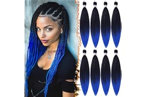 ‎BARSDAR BARSDAR Pre Stretched Braiding Extensions, 66cm 8 Packs Ombre Blau Braiding Hair Pre Stretched Yaki Hot Water Setting oder Box Braids Synthetik Crochet Braids - T1B/Blau#