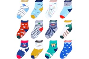 HYzgb Lot de 12 chaussettes antidérapantes pour bébé avec poignées 1-7 ans multi couleurs, cadeau pour tout-petits bébé garçons filles