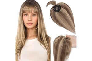 Elailite Volumateur Capillaire Femme Naturel a Clip Cheveux Naturel Toupet Humain (Base 10cm*10cm) 30cm 35g #4+27 MARRON CHOCOLAT MECHE BLOND FONCE