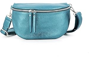 FLORA CO PARIS Sac Banane Bandoulière Femme Irisé - Porte Epaule Croisé ou Devant Poitrine Ultra Léger - Brillant Similicuir Souple - Mode et Chic - Bleu Canard