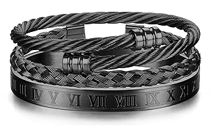 JeweBella 3PCS Bangle Bracelets for Men Stainless Steel Luxury Roman Numeral Bangle Bracelet Adjustable Cuff Bracelet Set Silver/Gold/Black