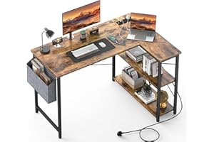 Yornoli L Shaped Computer Desk with Power Outlet, 118CM Corner Office Desk for Small Spaces with Storage Shelves, Study Work Writing Table for Home Office Bedroom, Rustic Brown