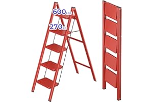 JOISCOPE 5 Step Ladder With Anti Slip Wide Treads Step Stool, 270 KG Load Capacity Lightweight Folding Step Ladder, Portable Step Stool, Indoor/Outdoor Multifunctional Safety Household Ladder, Red