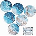 Marble Coasters Set of 6, Absorbent Ceramic Coaster Set with Cork Base and Holder, Sea Ocean Drink Coaster, Non Slip Ceramic Coaster, Round Drink Coasters Set for Home Kitchen Bar Decor