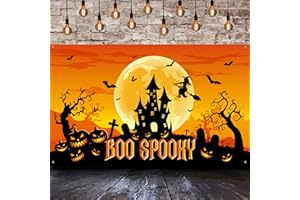 BLULU Halloween Party Decorations, Large Fabric Halloween Backdrop Boo Spooky Banner Orange Night Moon Pumpkin Castle Witch Photo Booth Background for Scary Halloween Party Supplies, 6 x 3.6 ft