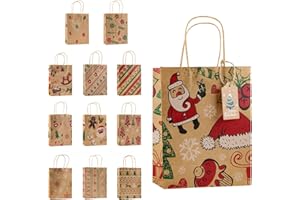 OKPOW Geschenktüten Weihnachten Kraft Papier Braun - 12 Stück Papiertüten Kraftpapier Geschenktasche mit Henkel - Nikolaus Papiersackerl Geschenk Tüten zum Befüllen Bio Weihnachts Tasche Geschenkbeutel Set