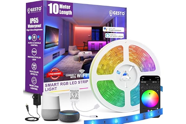 Gesto 10 Meter Smart RGB LED Strip Light With Adaptor 300 LED Strip with App Control,Alexa & Google Assistant 16 Million Color Effects,Music Sync WiFi LED Light for Ceiling,Bedroom & Diwali Decor