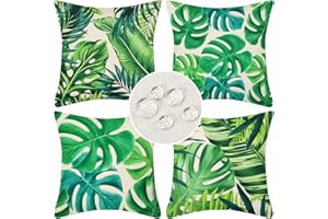 Cheekywares Funda de Cojín de Lino a Prueba de Agua 45x45 cm Hojas Verdes Plantas Tropicales Fundas de Almohada 4 Pack Cuadrado para Sofá Jardín al Aire Libre Decoración del Hogar