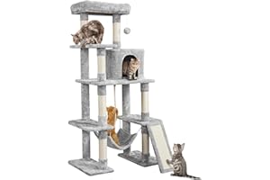 Yaheetech Árbol rascador para Gatos Grandes Torre de Gatos de Altura 159 cm con Múltiples Plataformas Cueva Tela de Felpa Condominio Perchero Hamaca Gris Claro