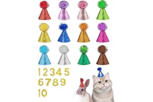 BIPY Lot de 12 mini chapeaux de fête d'anniversaire pour chiots, chats, lapins, animaux en peluche, chatons, chapeaux réglables avec chiffres et points de colle pour vacances, mariage, accessoires de