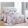 Prime Linens Luxury Quilted Patchwork Bedspread Bed Throw 3 Piece Bedding Set Includes Comforter & 2 Pillow Shams Floral Design Coverlet Embroidered (Floral Grey, Super King)