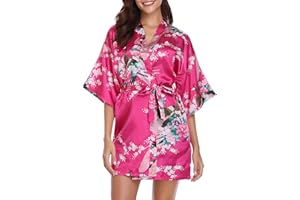 Vlazom Women Kimono Robes Satin Dressing Gown Peacock and Blossoms Sleep Lounge Nightwear Short Silk Bride Bridesmaid Robe
