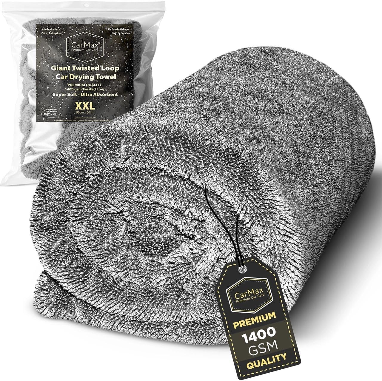 CarMax® - Toalla de Secado para Coche de Microfibra Twisted Loop – Alta Absorción – Secado sin Marcas – Segura para Pintura y Cristales (XXL - 90cm x 60cm)