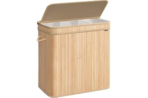 SONGMICS kosz na bieliznę z pokrywką, bambusowy kosz na bieliznę, wyjmowany worek na pranie i nadający się do prania w pralce, z uchwytami, 150 litrów, do pralni, sypialni, naturalny beż LCB062N01