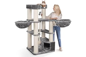 HAPPYPET Kratzbaum für große Katzen 'Oscar' - 161 cm Premium Katzenbaum stabil 47 kg, 12 cm Dicke Stämme für schwere Katzen Maine Coon, 600g Plüsch, geprüftes Holz, Grau