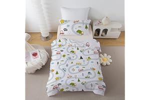 ROZTYLJ Cot Bed Duvet Cover Set Car Patterns Toddler Bedding Set For Boys Reversible Cot Duvet Cover 120x150cm & Pillow Case 40x60cm