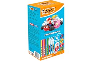 BIC Mario Kart Kit de Papeterie - Stylos-Bille Pointe Moyenne (1,0 mm)/Surligneurs Pointe Biseautée/Souris Correctrices 6 m/Autocollants - Boîte de 10