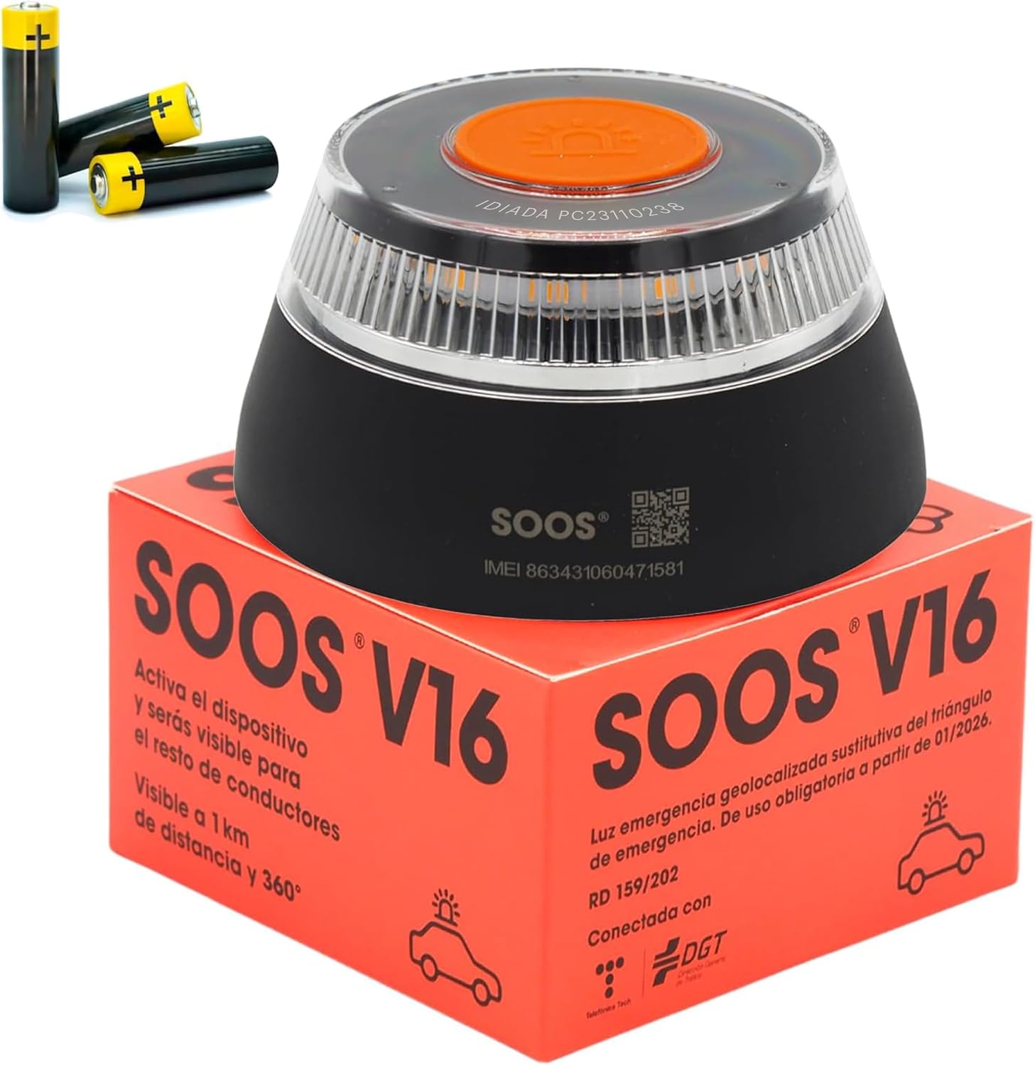 SOOS Baliza v16 Homologada DGT con Geolocalizador, con Datos Pagados hasta 2038, Luz Emergencia Coche Homologado dgt, Luz v16 Conectada con Geolocalización 3.0, IDIADA PC23110238 - Obligatoria en 2026