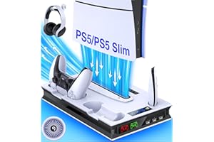 ALEEMTRY Accessori per PS5 Slim, Base con Caricatore Joystick/Ventola a 3 Stadi/3 Porte USB Aggiuntive, Supporto per PS5 Slim Disc ed Edizione Digitale