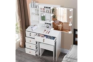 ‎SAIMEIHOME Saimeihome Schminktisch mit Spiegel und Hocker, Frisiertisch mit Beleuchtung - 3 Farben einstellbare Helligkeit, 6 Schubladen und 6 Ablagen, Make-up Tisch für Schlafzimmer Kinderzimmer -80x36x130cm