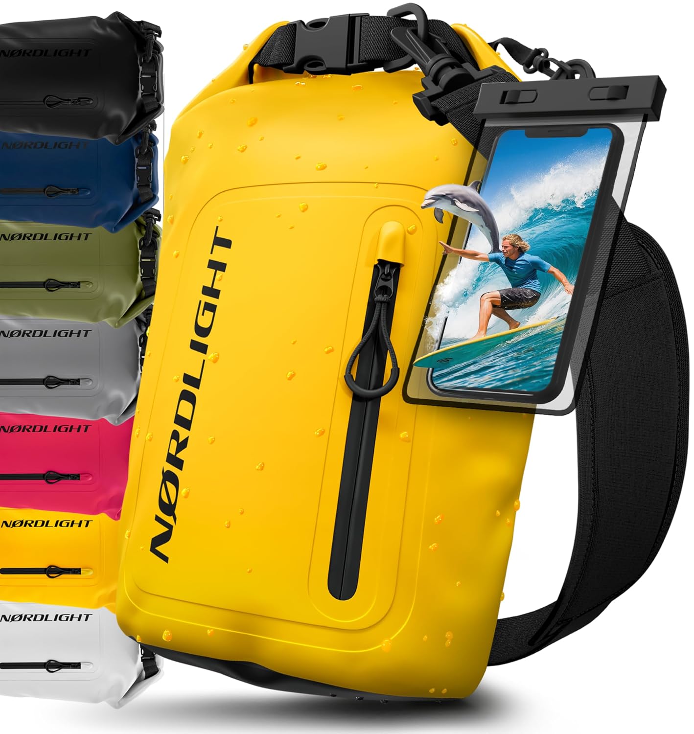 Nordlight Dry Bag Waterdichte Tas met Telefoonhoes + Roll-Top, Schouderriem | Drybag Waterdichte Rugzak Waterdichte Pakzak Packsack Duffeltas Wetbag | Zwemmen Strand SUP Kanoën - Geel, 10 Liter