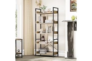 YITAHOME Librería de 5 Niveles, Estantería Industrial para Libros de Piso, Estante de Madera y estanterías con Marco de Acero Estable con 4 Ganchos para Sala de Estar, Oficina en casa, Roble